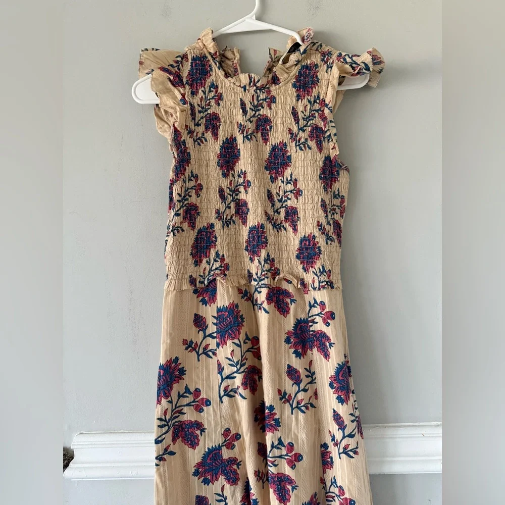 Sea New York Beige Floral Maxi Dress with Ruffle Shoulder mock neck 100% cotton - Picture 2 of 8